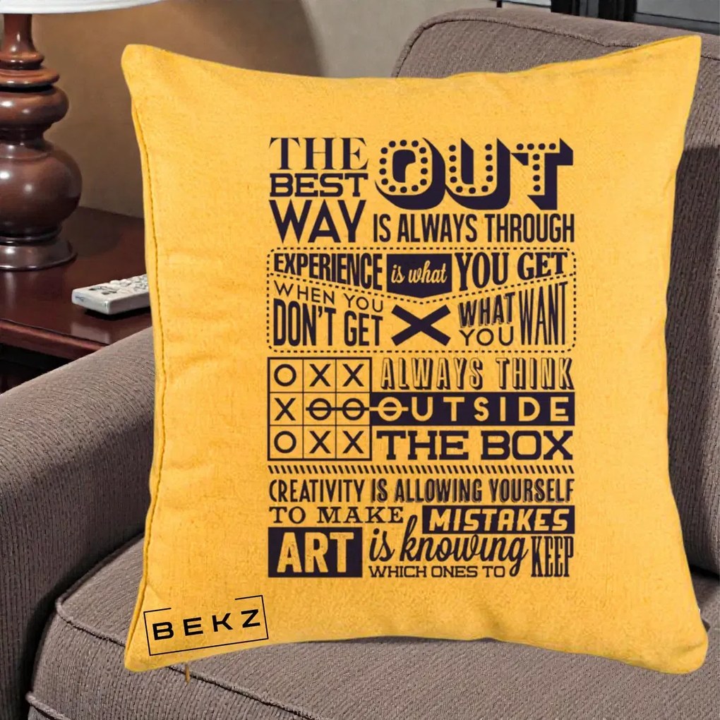 Perna Decorativa Citate Creativitate Albastru, 40x40 cm, Galben, Husa Detasabila, Perna Inclusa, BEKZ®