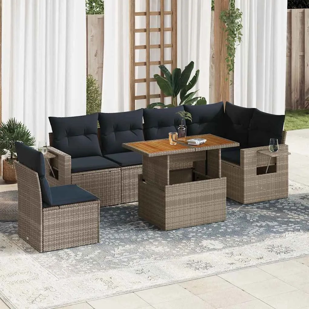 vidaXL Set canapele de grădină, 7 piese, cu perne, gri, poliratan