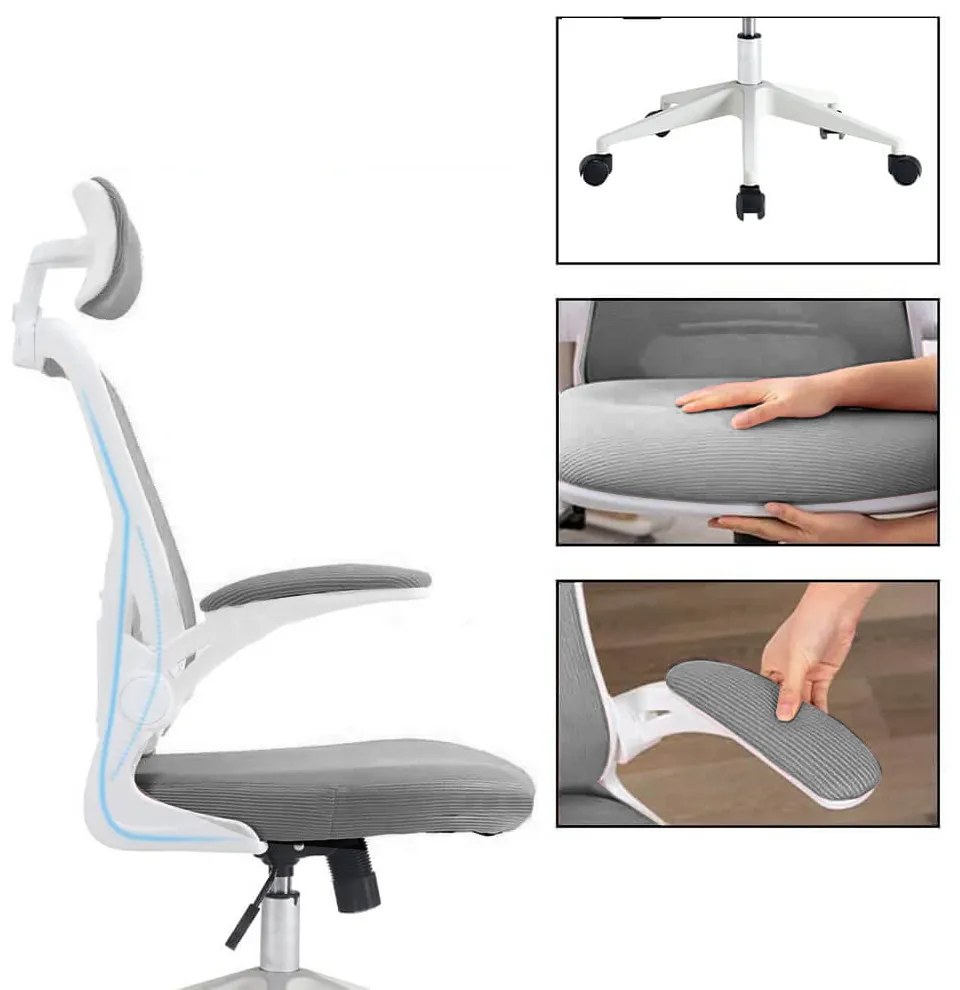 Scaun de birou ergonomic cu suport lombar si tetiera, gri