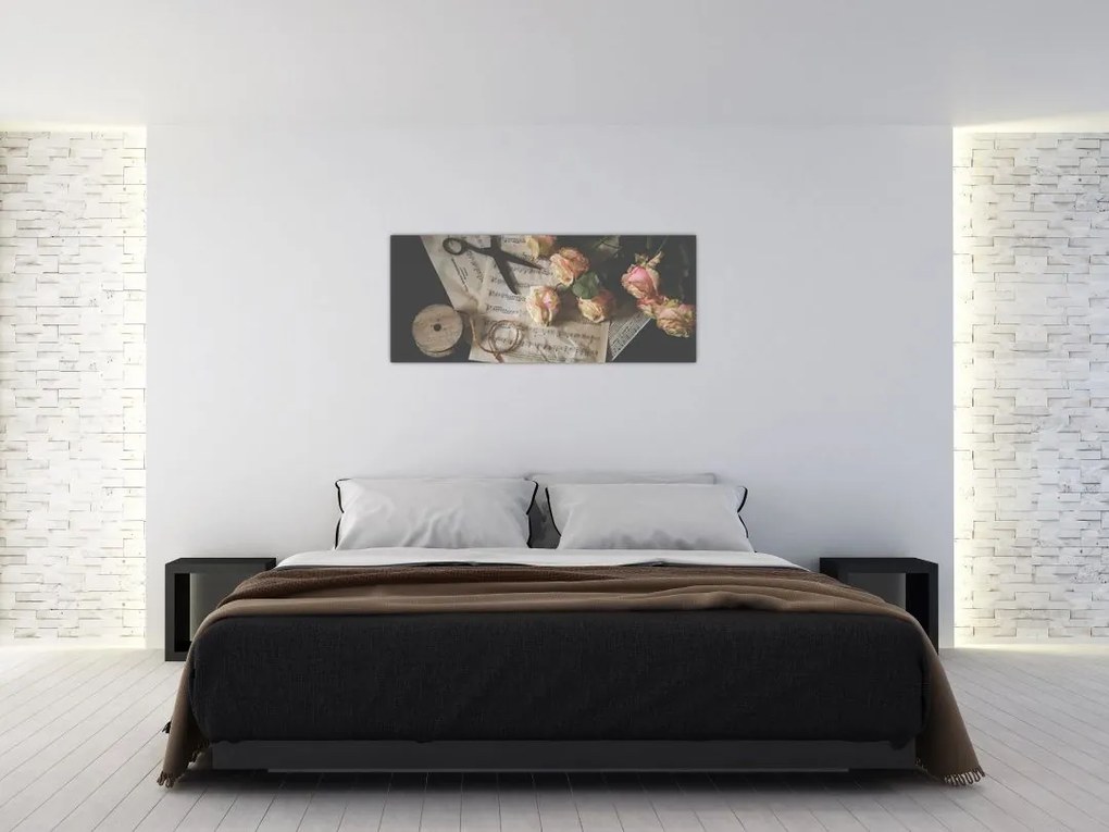Tablou cu note muzicale și trandafiri (120x50 cm)