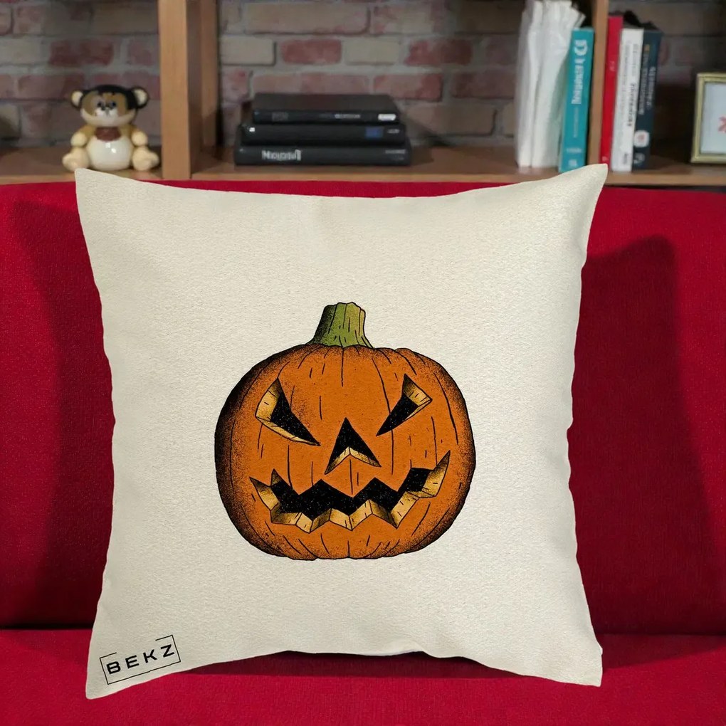 Perna Decorativa Halloween Dovleac Portocaliu Clasic, 40x40 cm, Ecru, Husa Detasabila, Perna Inclusa, BEKZ®