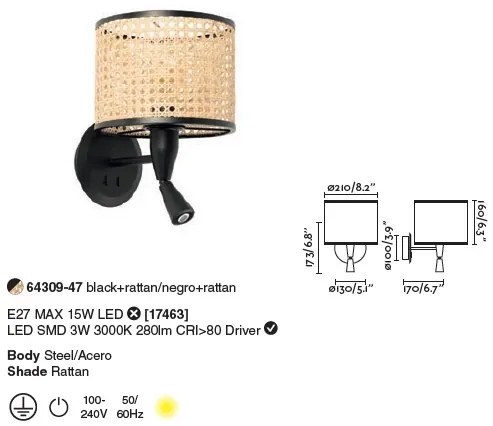 Aplica cu reader LED moderna design natural MAMBO negru/ratan