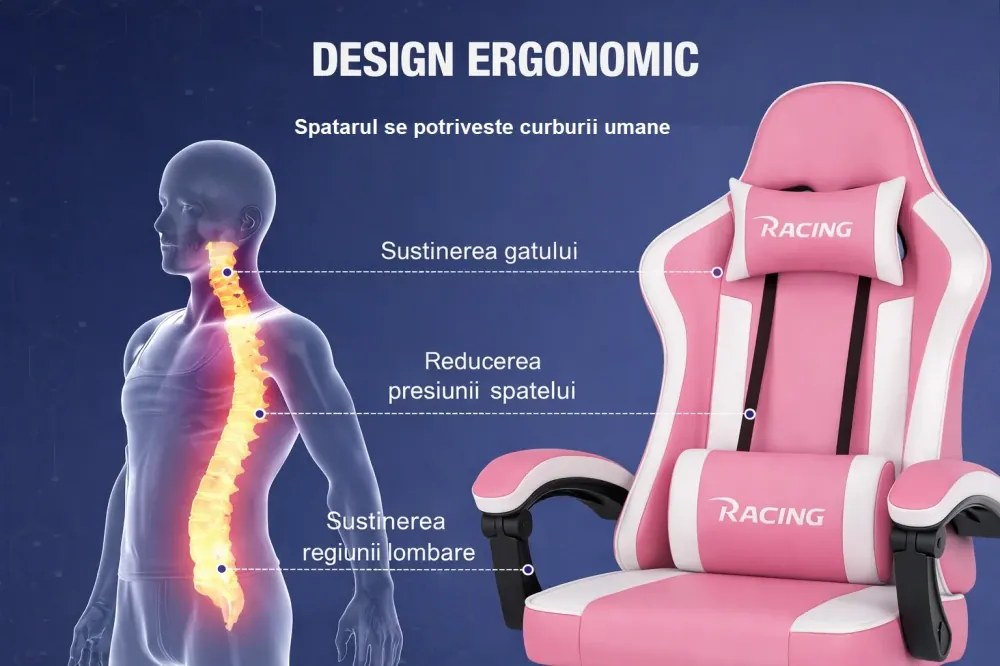 Scaun gaming, Masaj în perna lombară, Suport picioare, Rabatabil 90-165°, piele PU, Roz/Alb