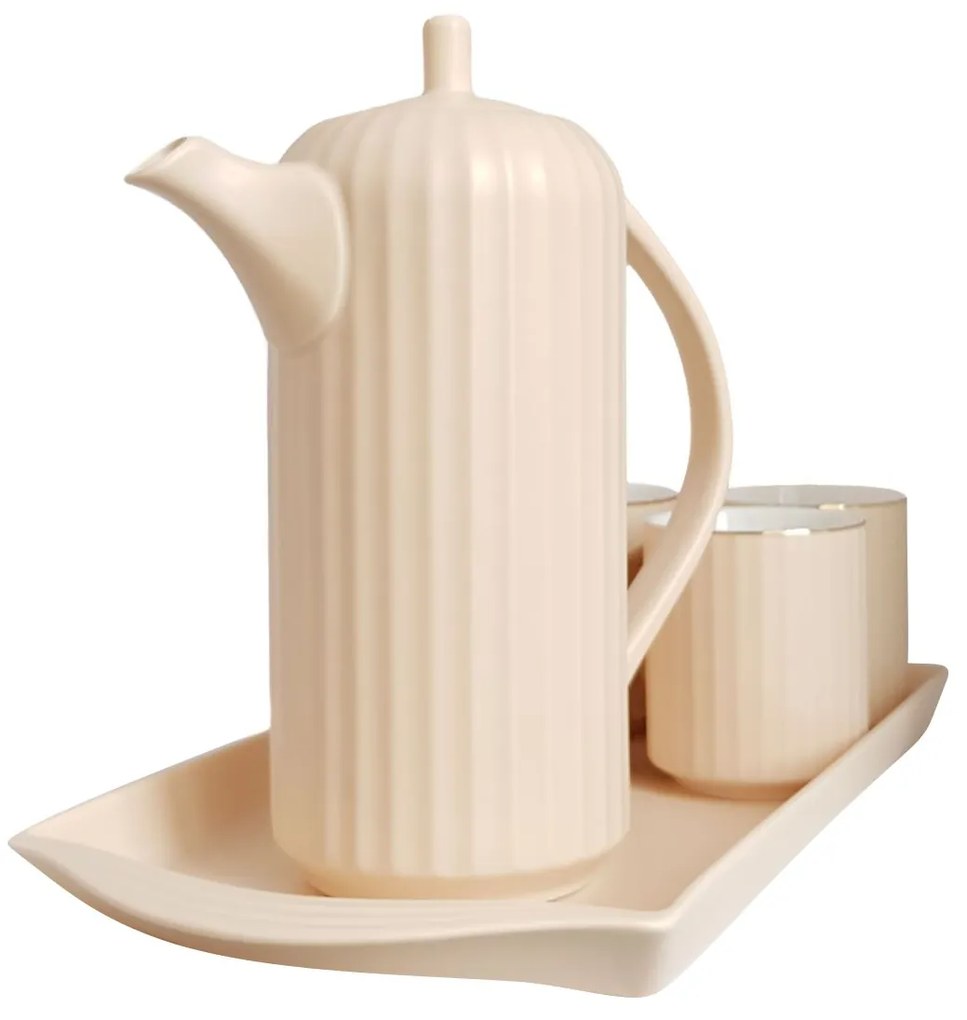 Serviciu din Portelan pentru Ceai si Cafea, Tava, Carafa si 4 Cani, Bej