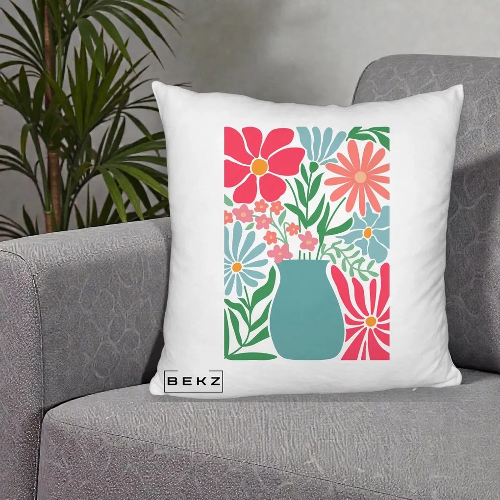 Perna Decorativa Flori in Vaza Turcoaz, 40x40 cm, Alb Pufos, Husa Detasabila, Perna Inclusa, BEKZ®