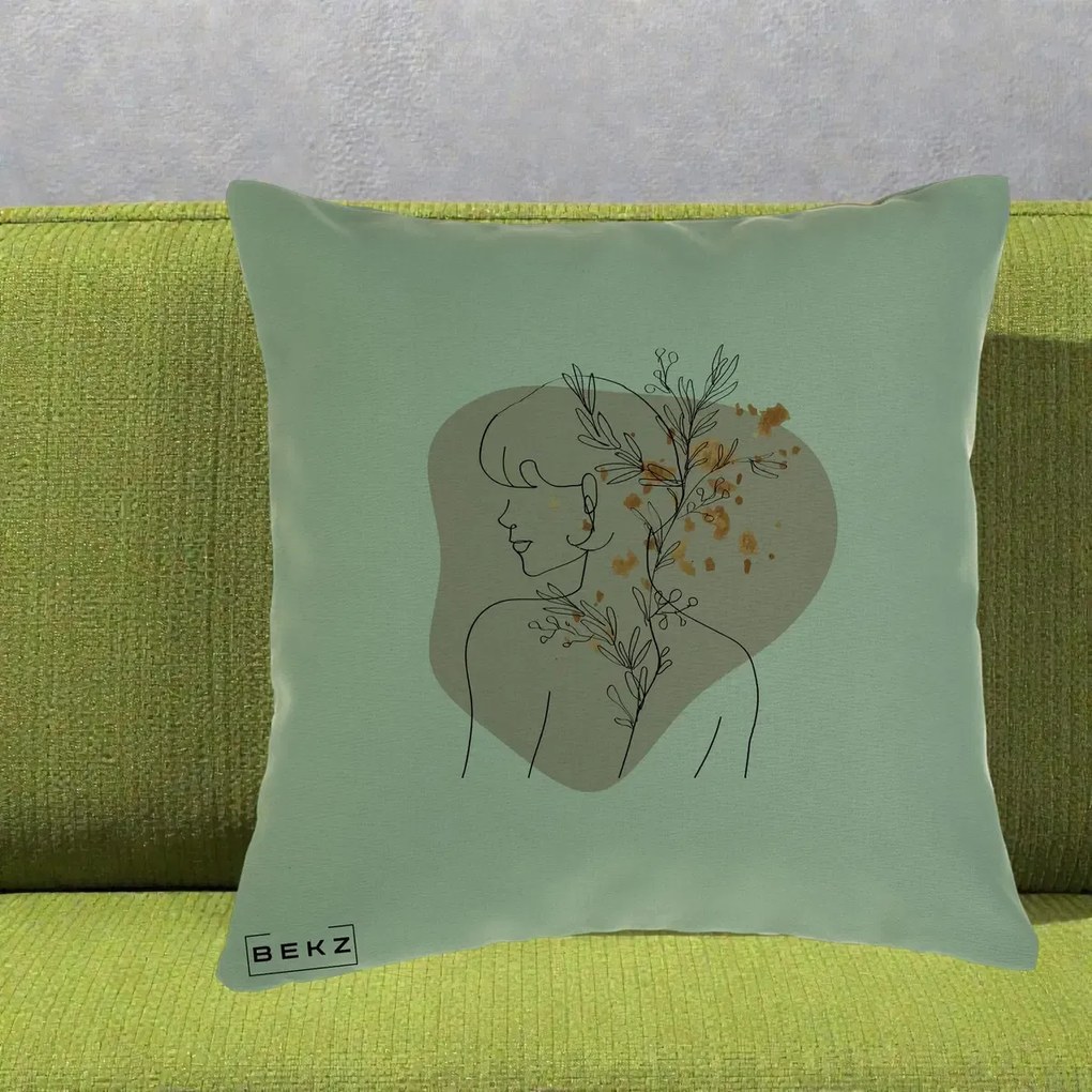 Perna Decorativa Femeie cu Flori Line Art Boho, 40x40 cm, Verde, Husa Detasabila, Perna Inclusa, BEKZ®