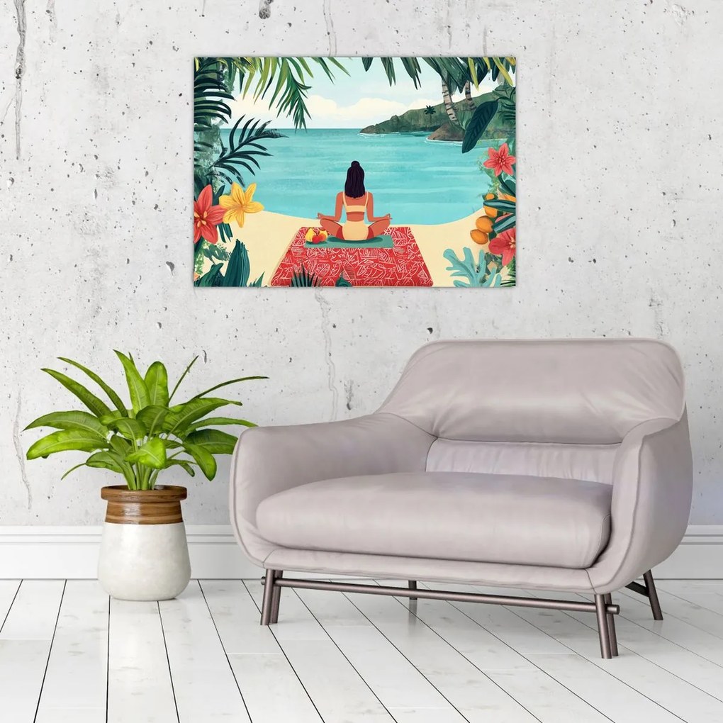 Tablou pe sticlă - Yoghiniță pe plajă (70x50 cm)