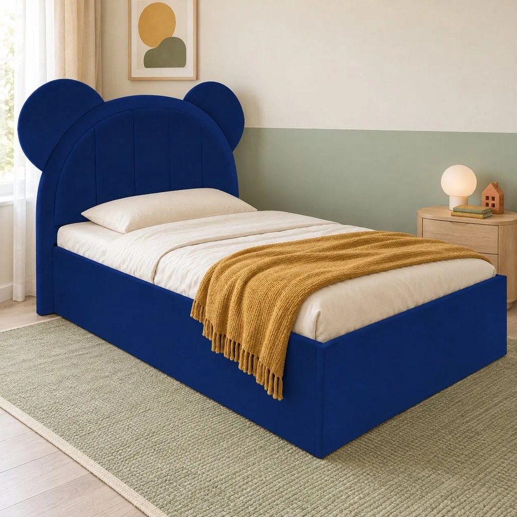 Pat tapițat pentru copii din catifea Varen 140×200 cm, bleumarin, cu ladă de depozitare