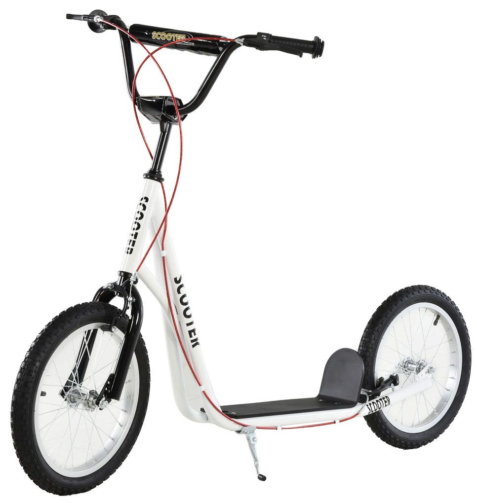 HOMCOM Trotinetă pentru copii Trotinetă oraș Treticiclu Kickboard cu roți pneumatice și frână de mână Trotinetă copii pliabilă de la 5 ani 16 inch Alb 139 x 58 x 90-96 cm | Aosom Romania