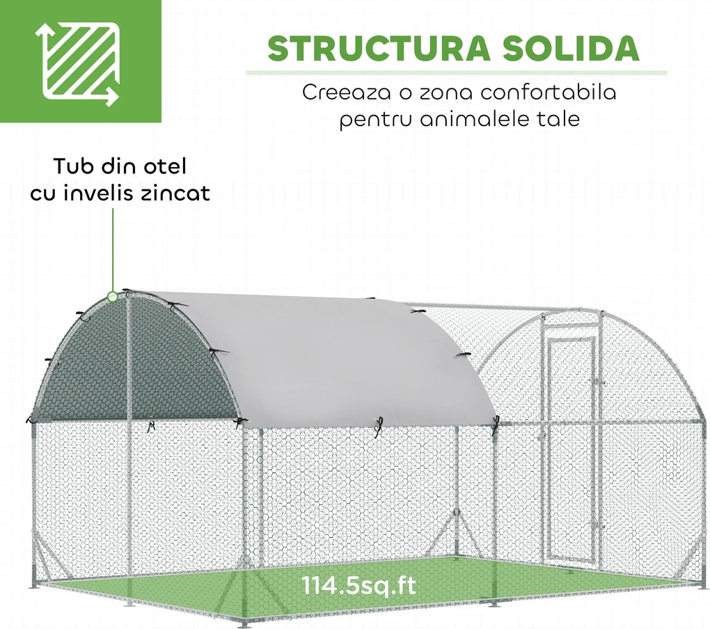 PawHut Coteț pentru Găini de Exterior, 2.8x3.8x2m Recintă din Oțel Zincat cu Acoperiș Impermeabil Anti-UV și Încuietoare, Găini, Iepuri și Rațe | Aosom Romania