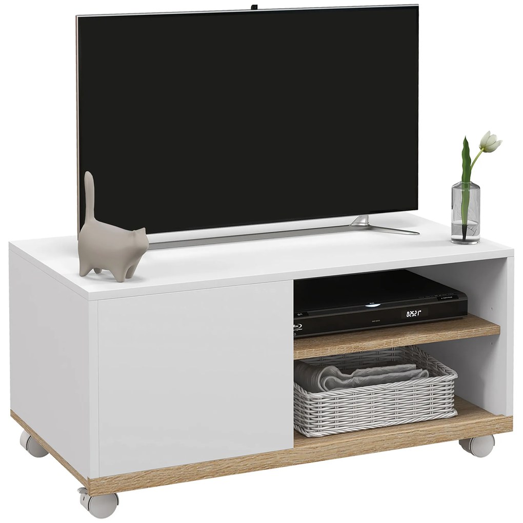 HOMCOM Dulap TV 42" Max cu 2 Rafturi deschise si Usa, Dulap TV Jos din PAL cu Roti, 80x45x39.5 cm, Alb | Aosom Romania