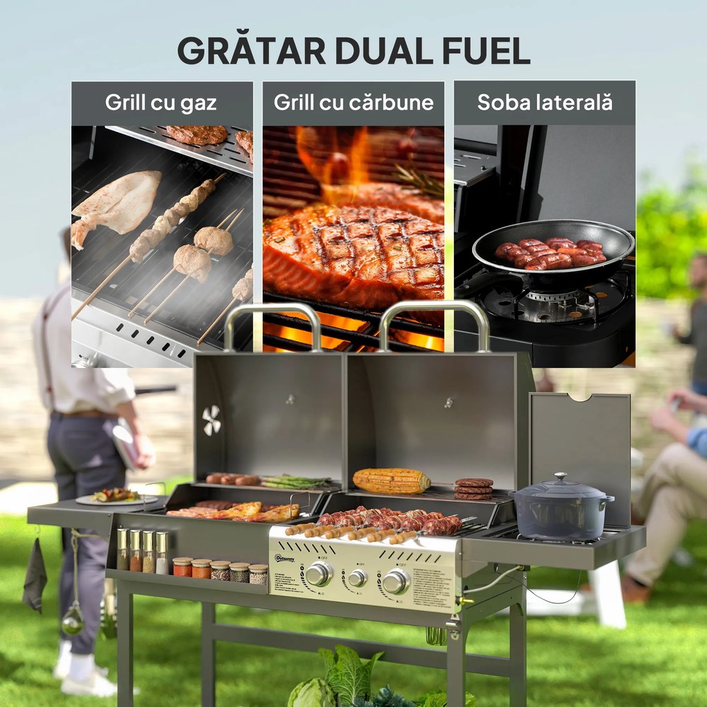 Outsunny Grill Gaz-Cărbune, 3 Arzătoare 7kW, Negru | Aosom Romania