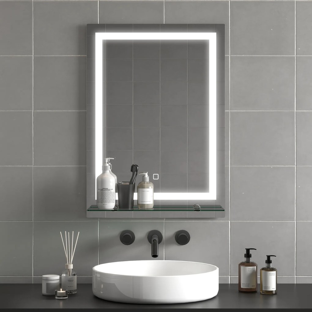 Kleankin Oglindă de Baie cu Lumini LED în 3 Culori Reglabile și Raft din Sticlă, 50x12x70 cm, Argintiu | Aosom Romania