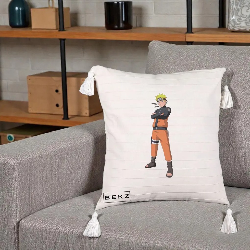Perna Personalizata Naruto Uzumaki Portret Complet, 40x40 cm, Bej cu Franjuri, Husa Detasabila, Perna Inclusa, BEKZ®