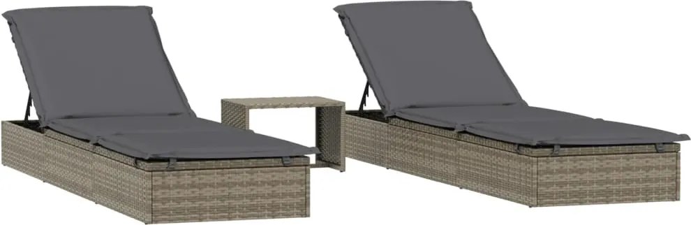 vidaXL Șezlonguri 2 buc. cu masă, gri, poliratan