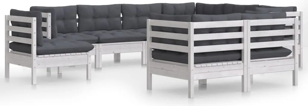 vidaXL Set mobilier de grădină cu perne, 9 piese, alb, lemn masiv pin