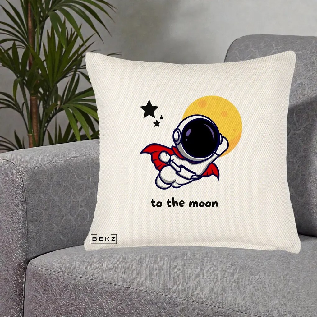 Perna Decorativa Astronaut To The Moon, 40x40 cm, Crem Reliefat, Husa Detasabila, Perna Inclusa, BEKZ®
