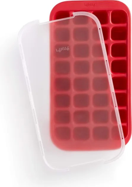 Forma cuburi de gheata cu capac Lekue 1010243, 34,2 x 18,7 x 4,4 cm, 32 cuburi, Stearin, -40°C/+60°C, Rosu