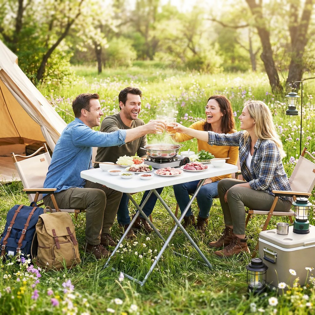 Outsunny Masă Pliantă pentru Camping Portabilă cu Reglaj pe 5 Niveluri Blat HDPE și Cadru Metalic 75x50x73,5 cm Alb | Aosom Romania