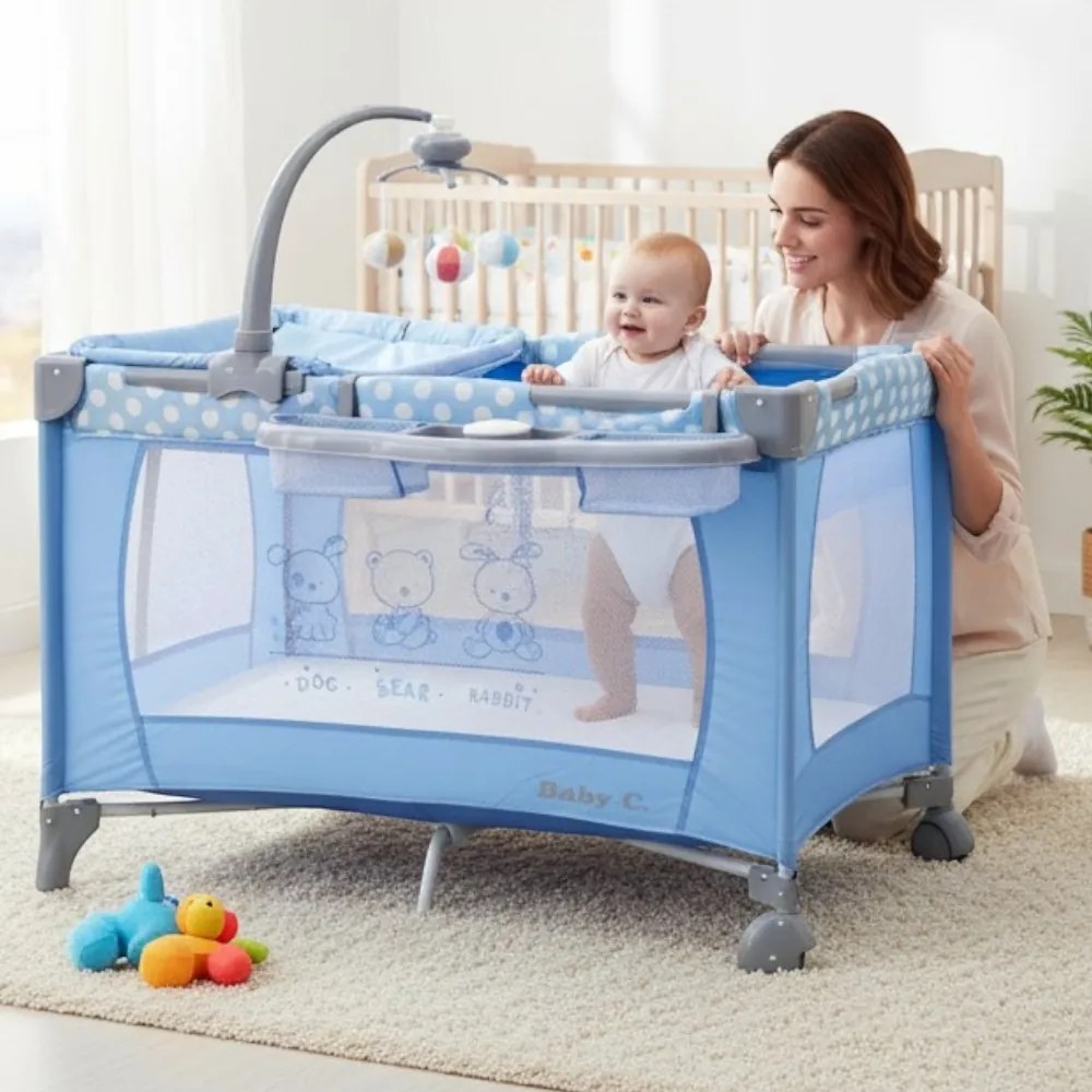 Patut Pliabil si Tarc copii Baby Care™ PRO FMAT, 2 Niveluri de inaltime, Cu melodii si Masa infasat, Carusel cu jucarii din plus, Plasa insecte,