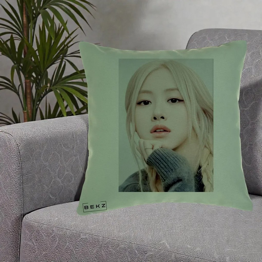 Perna Personalizata K-pop BLACKPINK Rose cu Jucarie de Plus, 40x40 cm, Verde, Husa Detasabila, Perna Inclusa, BEKZ®
