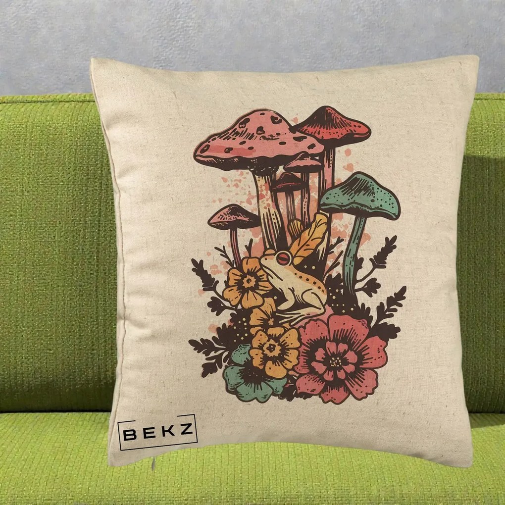Perna Decorativa Ciuperci si Broaste Boho, 40x40 cm, Bej, Husa Detasabila, Perna Inclusa, BEKZ®