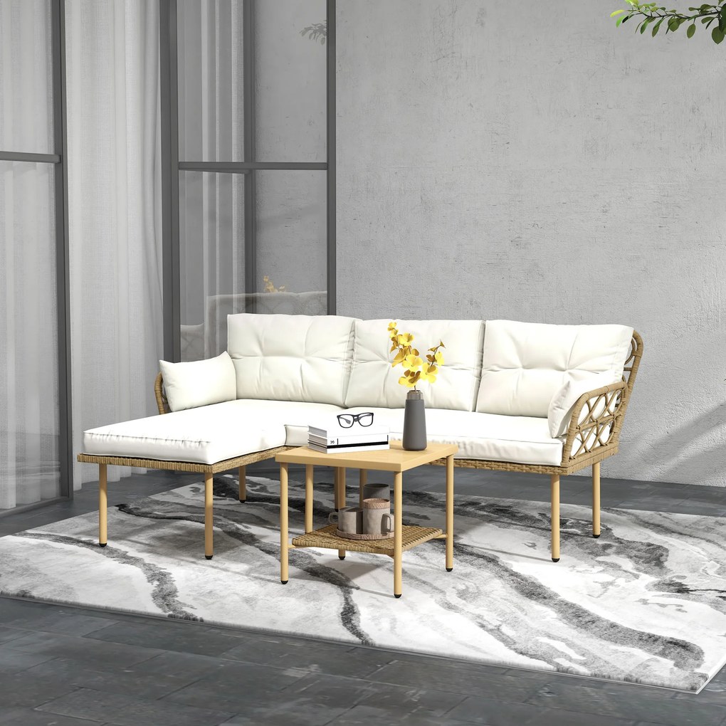 Outsunny Set Mobilier Grădină 4 Persoane, 3 Piese cu Măsuță de Cafea, Perne Confortabile Incluse, Ratan Crem | Aosom Romania