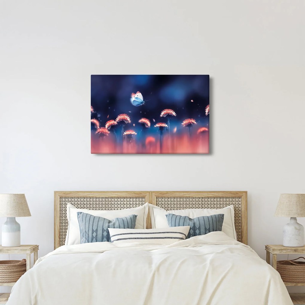 Tablou cu păpădii cu fluture albastru (90x60 cm)