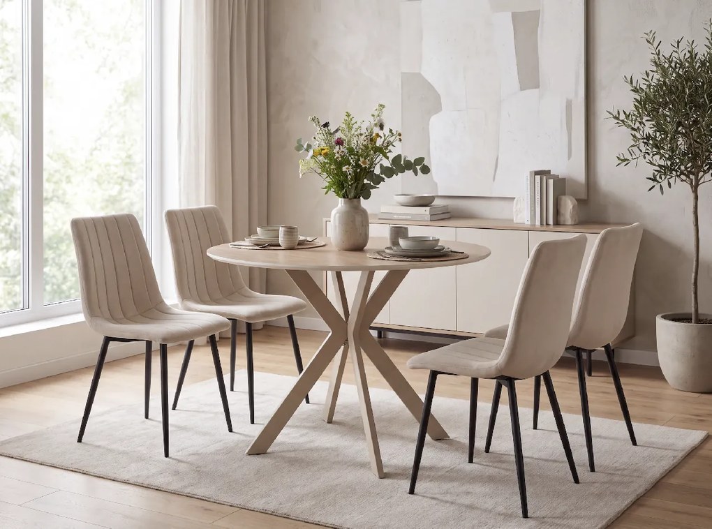 Masa rotunda de sufragerie TALIA 90 cm cu blat din ceramică tip travertin, bej