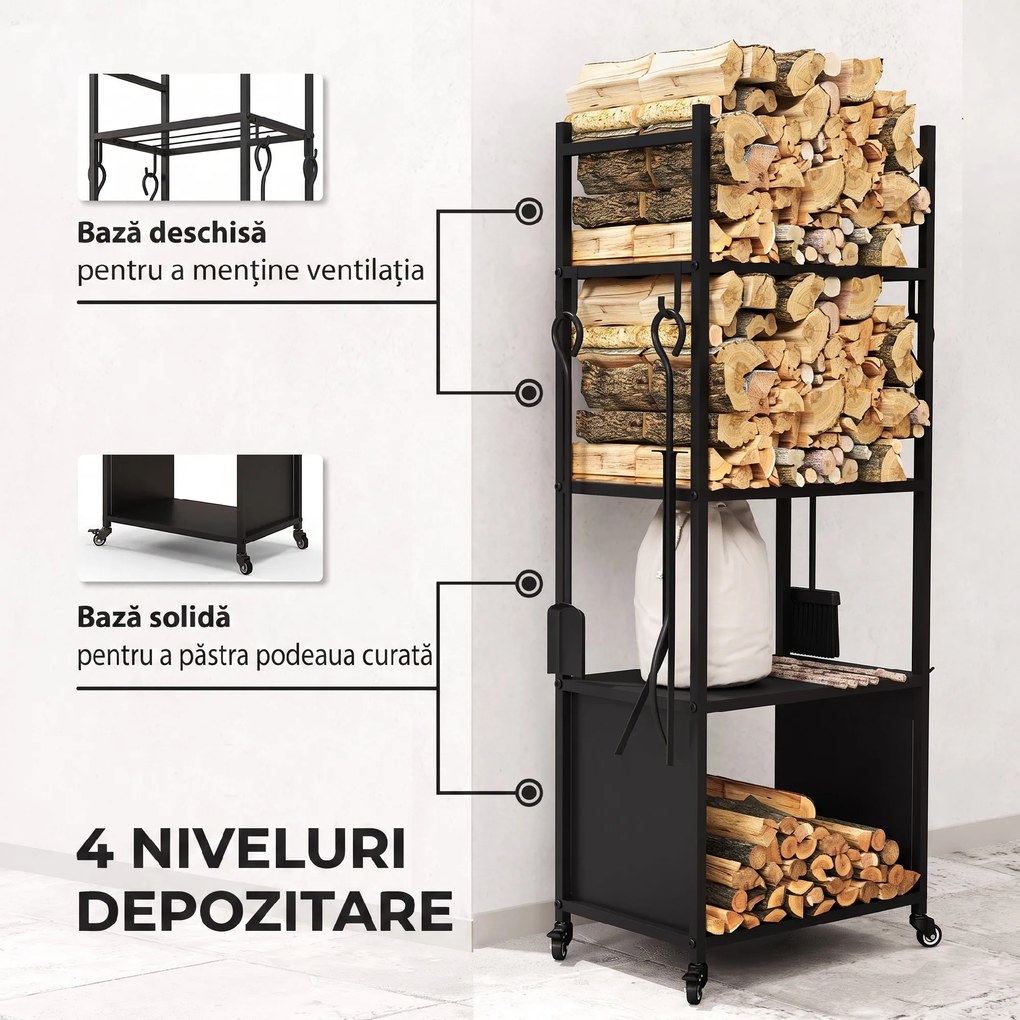 Outsunny Suport pentru Lemne de Foc de Interior și Exterior cu Roți și 4 Ustensile, cu Lopățică, Vătrai, Perie și Clește, Metal, 45 x 30 x 118 cm, Negru | Aosom Romania