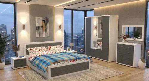 Dormitor Torino cu pat cu somiera metalica rabatabila 160x200 cm Alb / Gri