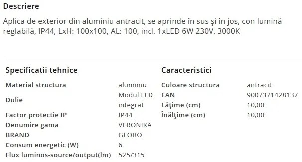 Aplica LED exterior ambientala moderna lumina sus / jos IP44 VERONIKA
