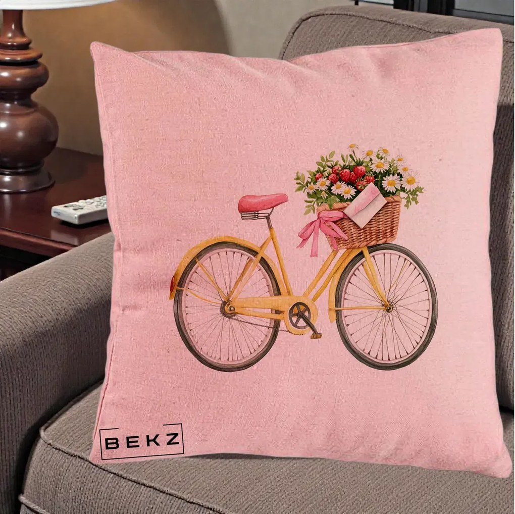 Perna Decorativa Bicicleta Galbena cu Cos de Flori Primavara, 40x40 cm, Roz, Husa Detasabila, Perna Inclusa, BEKZ®