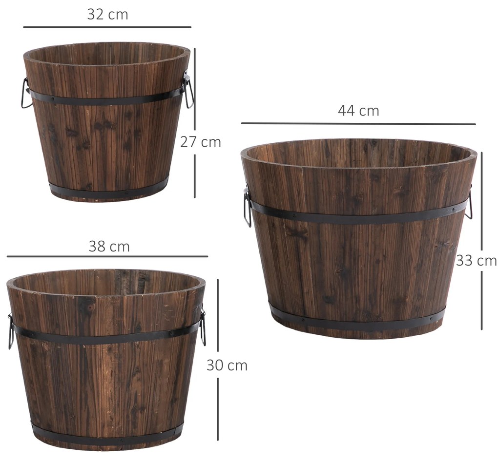 Outsunny Set 3 Ghivece Model Găleată din Lemn pentru Plante și Flori Φ44x33cm Φ38x30cm Φ32x27cm Maro | Aosom Romania