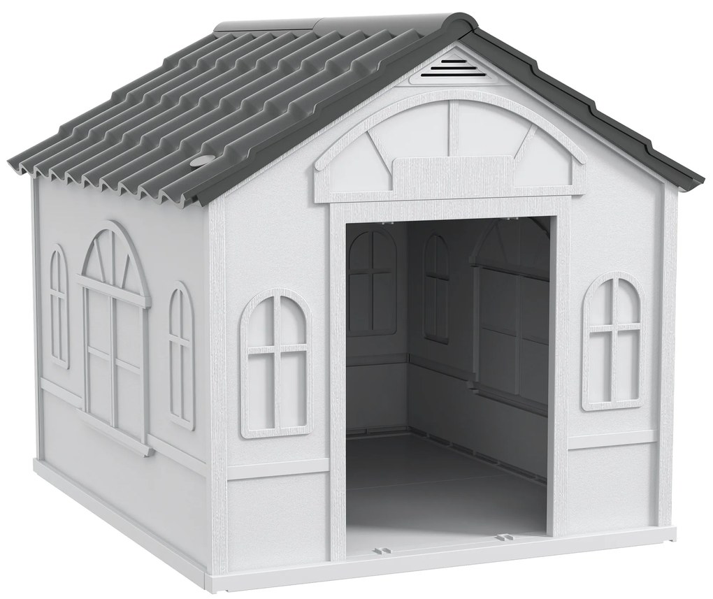 PawHut Cușcă pentru Câini cu Acoperiș Înclinat și Ușă 84.2x98.2x82 cm Gri | Aosom Romania