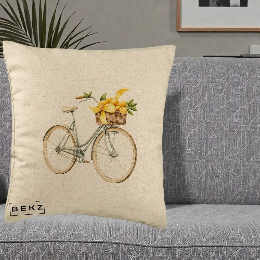 Perna Decorativa Bicicleta cu Cos de Lamai Mediteranean, 40x40 cm, Bej, Husa Detasabila, Perna Inclusa, BEKZ®