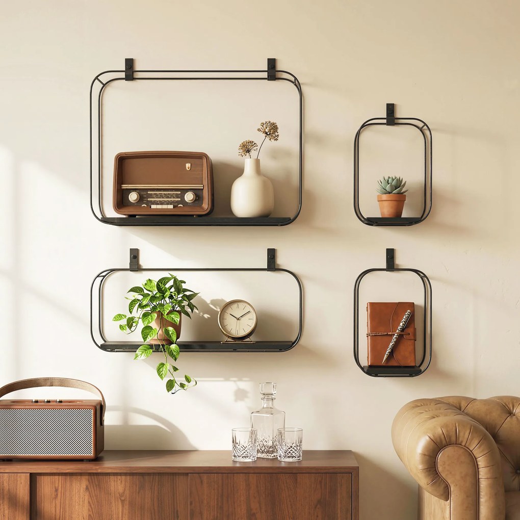 HOMCOM Rafturi Flotante Geometrice pentru Living, Set de 4 Piese, Negru | Aosom Romania