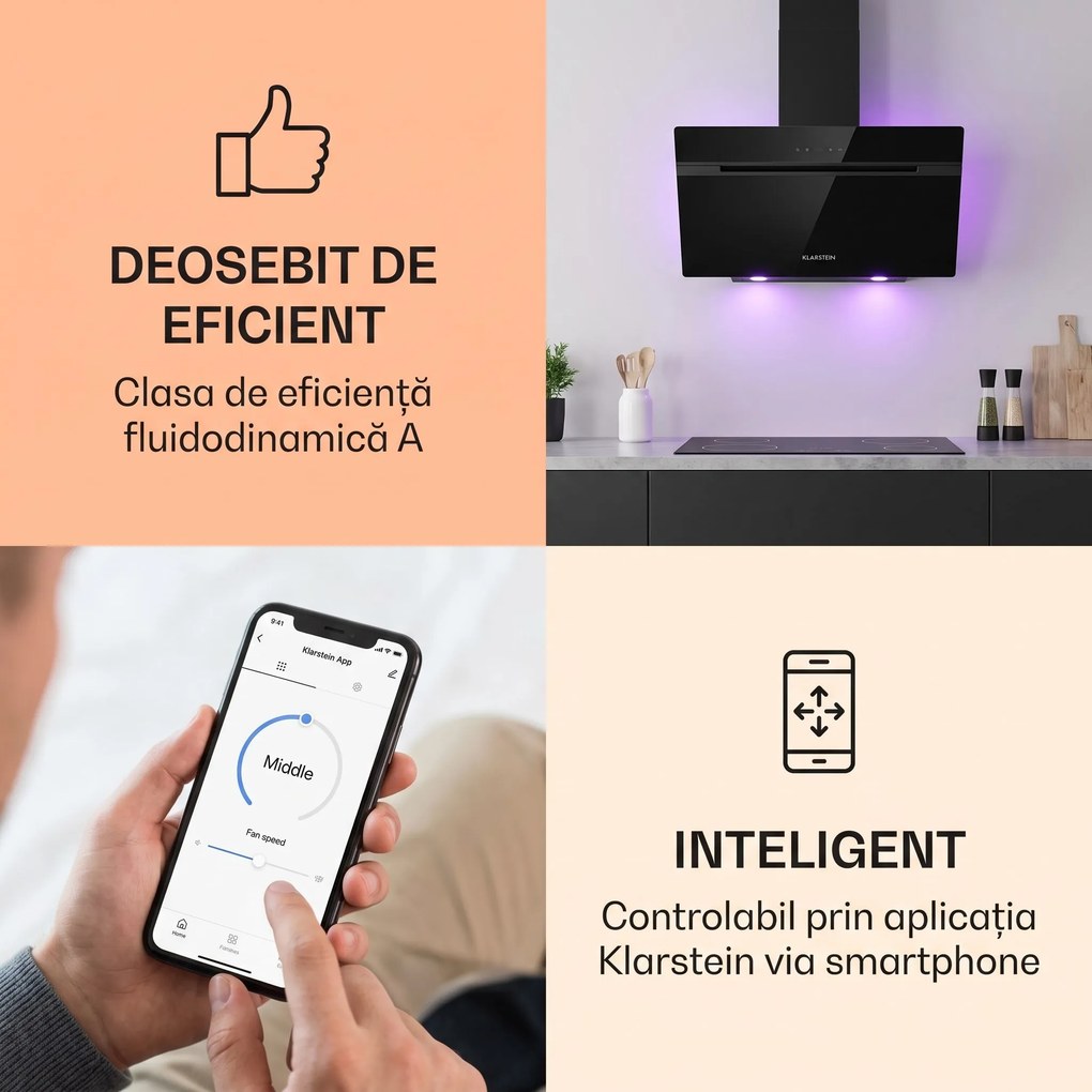 Klarstein Aurora 90, Hotă, 585 m³/h, 90 cm, hotă de coș de fum, lumină de fundal, clasa de eficiență energetică A++