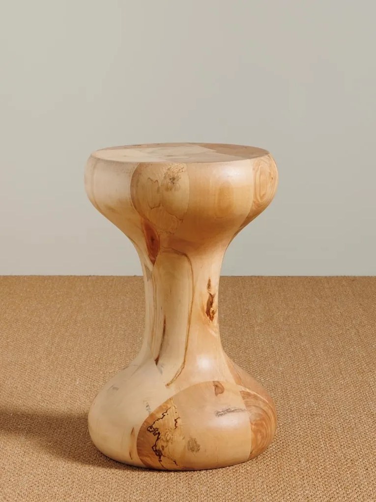 Măsuță laterală din lemn masiv reciclat, natur, în formă de clepsidră, strunjită, cu noduri la vedere, 45 x 30 cm, „Capirucho”