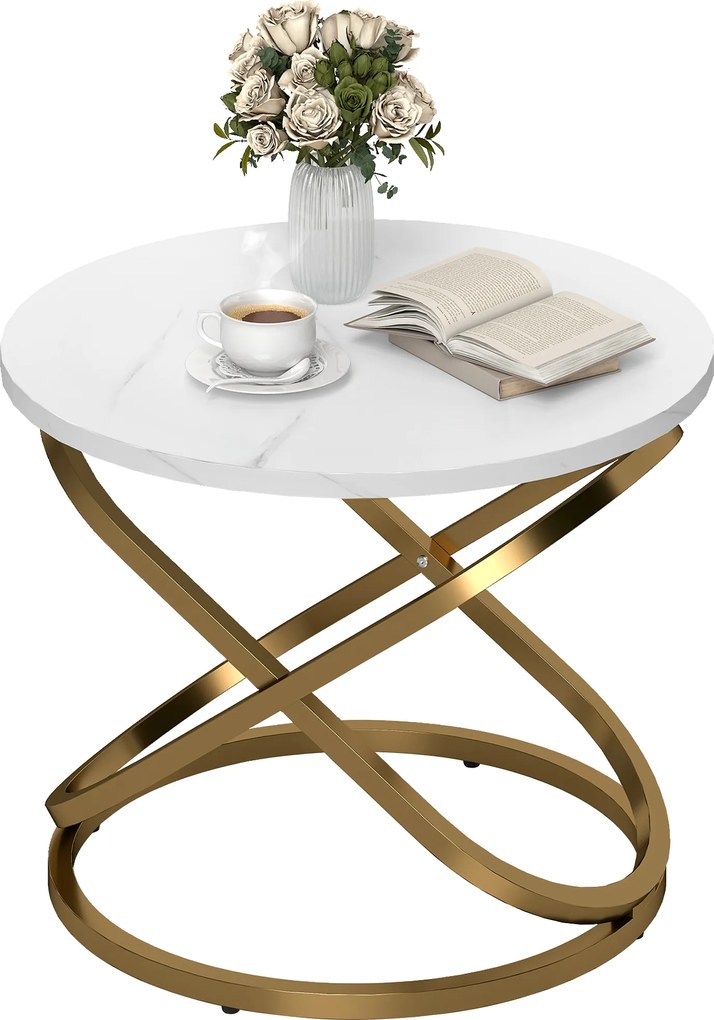 HOMCOM Masă de cafea rotundă stil industrial, metal auriu și blat cu efect marmură - dim. Ø 60 x 46H cm | Aosom Romania