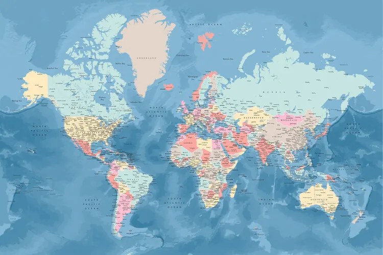 Harta Light blue and pastels detailed world map, Blursbyai