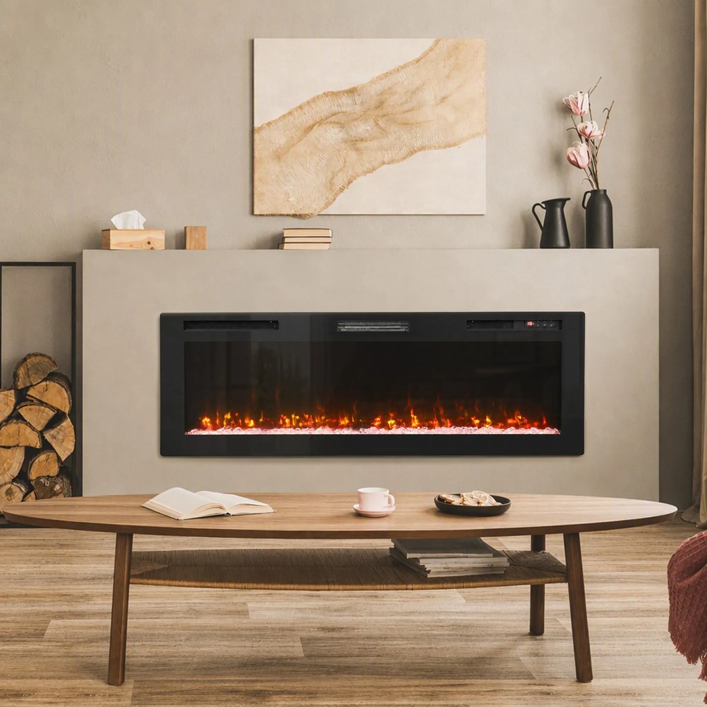 HOMCOM Șemineu electric 153 cm, încastrabil/de perete/de podea, ultrasubțire 8,3 cm, cu telecomandă, 900/1800 W, timer, negru | Aosom Romania