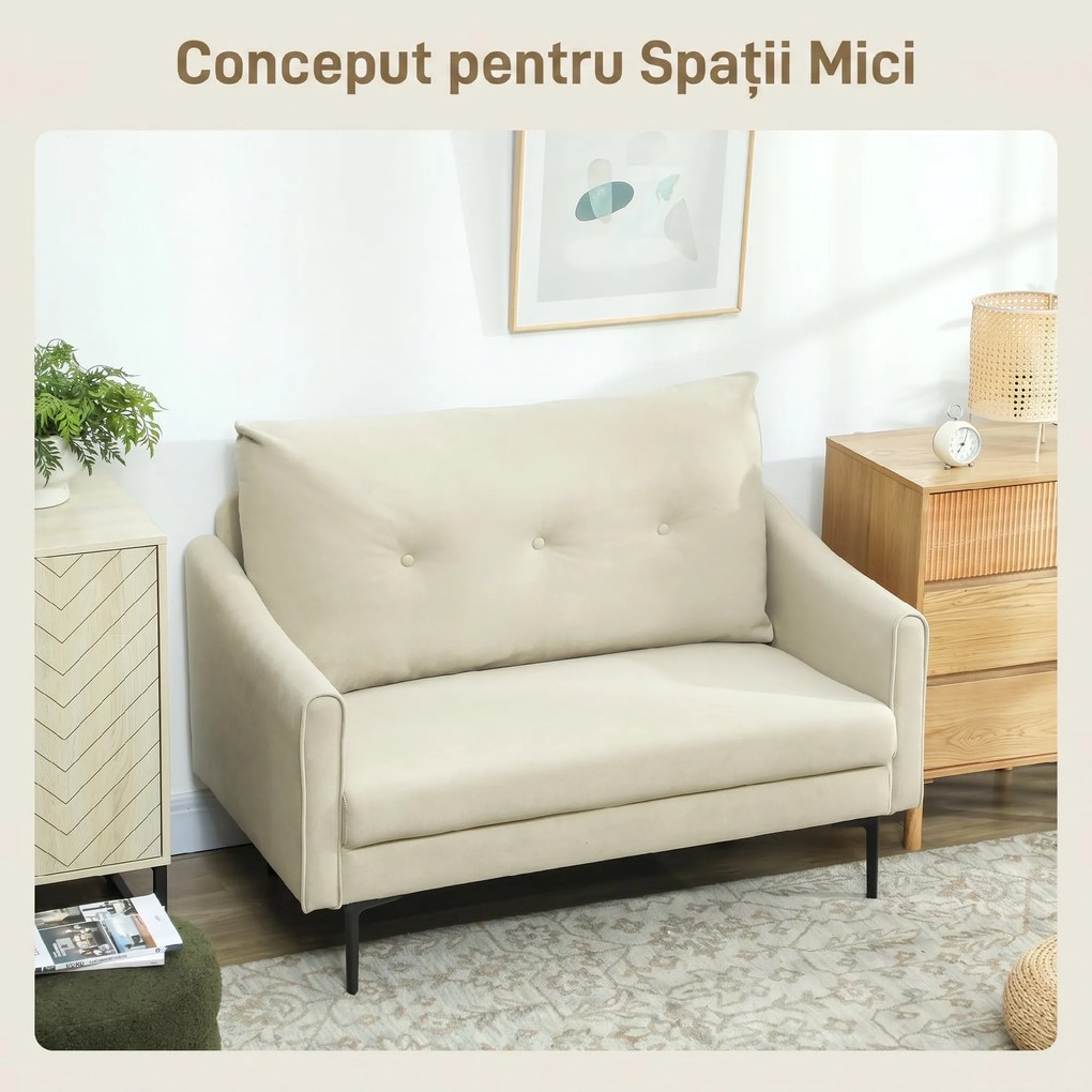 HOMCOM Canapea cu 2 Locuri din Catifea cu Spătar Matlasat și Pernă Detașabilă, Canapea Compactă Modernă cu Picioare din Metal pentru Sufragerie, 124x73x92 cm, Crem | Aosom Romania