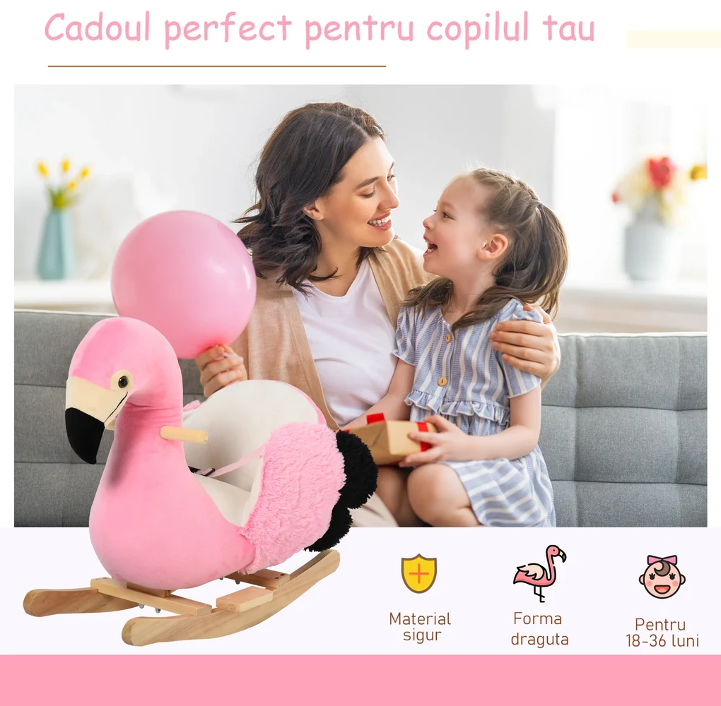 HOMCOM Balansoar Flamingo pentru Copii, Leagăn Moale din Pluș pe Structură de Lemn, Jucărie Interactivă 60x33x52cm Roz | Aosom Romania