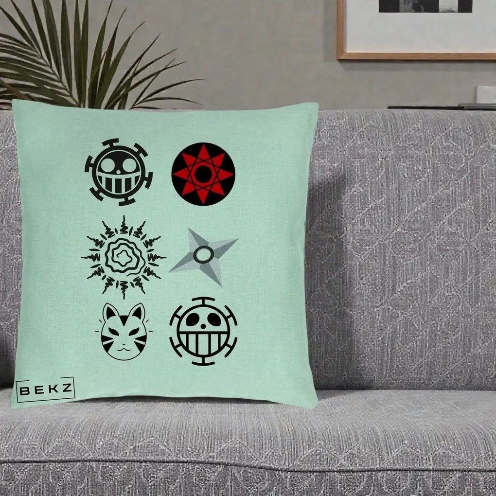 Perna Personalizata Simboluri Anime Mix - Naruto One Piece, 40x40 cm, Verde Menta, Husa Detasabila, Perna Inclusa, BEKZ®