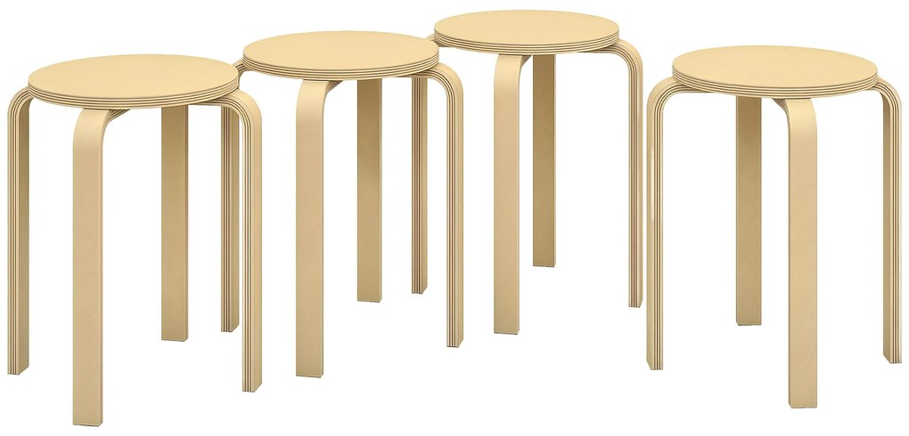 HOMCOM Set de Scaune Stivuibile pentru 4 Persoane, Scaune Moderne de Stivuire, Scaune Rotunde fără Spate, 40x40x45 cm, Lemn Natural