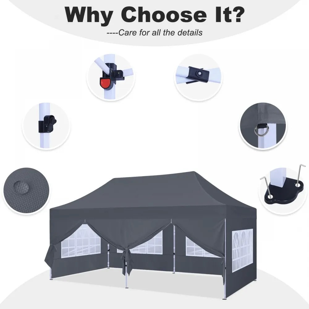 ABCCANOPY – Cort pavilion pliabil 6x3 m, înălțime reglabilă 3 trepte, pereți cu ferestre transparente, impermeabil, Gri