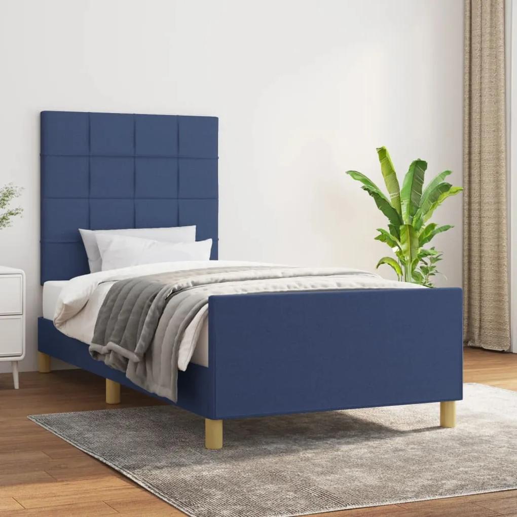 Cadru de pat cu tablie, albastru, 90x190 cm, textil Albastru, 90 x 190 cm, Cu blocuri patrate