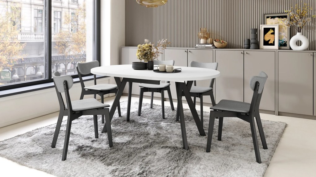 Mazzoni ALMO Alb Mat/picioare negre - MASĂ ROTUNDĂ EXTENSIBILĂ CU PICIOARE ÎN FORMĂ DE Y STIL LOFT PENTRU SALON/SUFRAGERIE