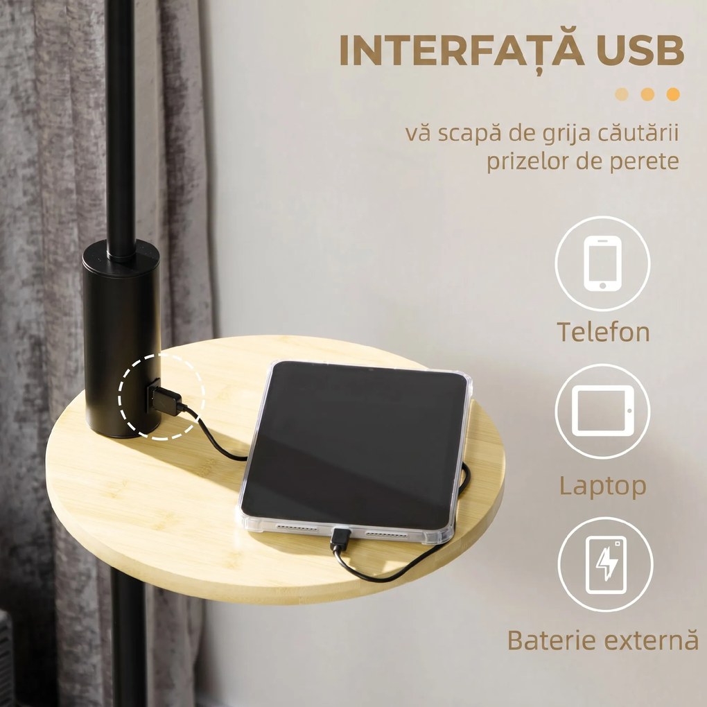 HOMCOM Lampă de Podea din Bambus cu Raft Integrat, Neagră și Bej | Aosom Romania